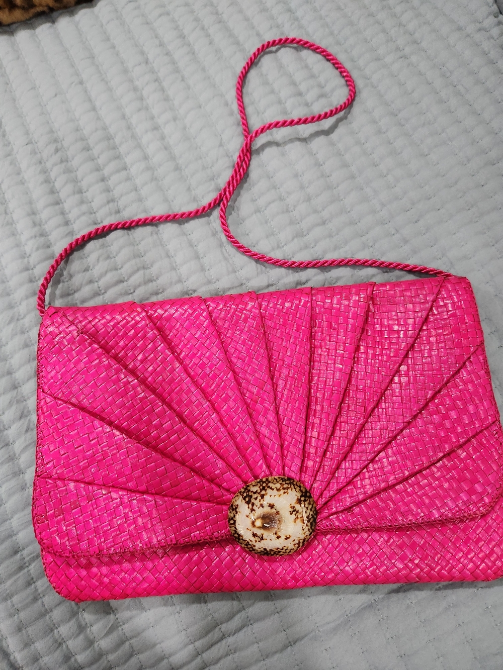 Bright Pink Woven Clutch with Decorative Shell Accent Vintage